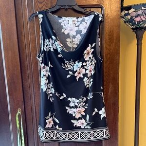 White House Black Market Black Floral Sleeveless Open Neck Tunic Top